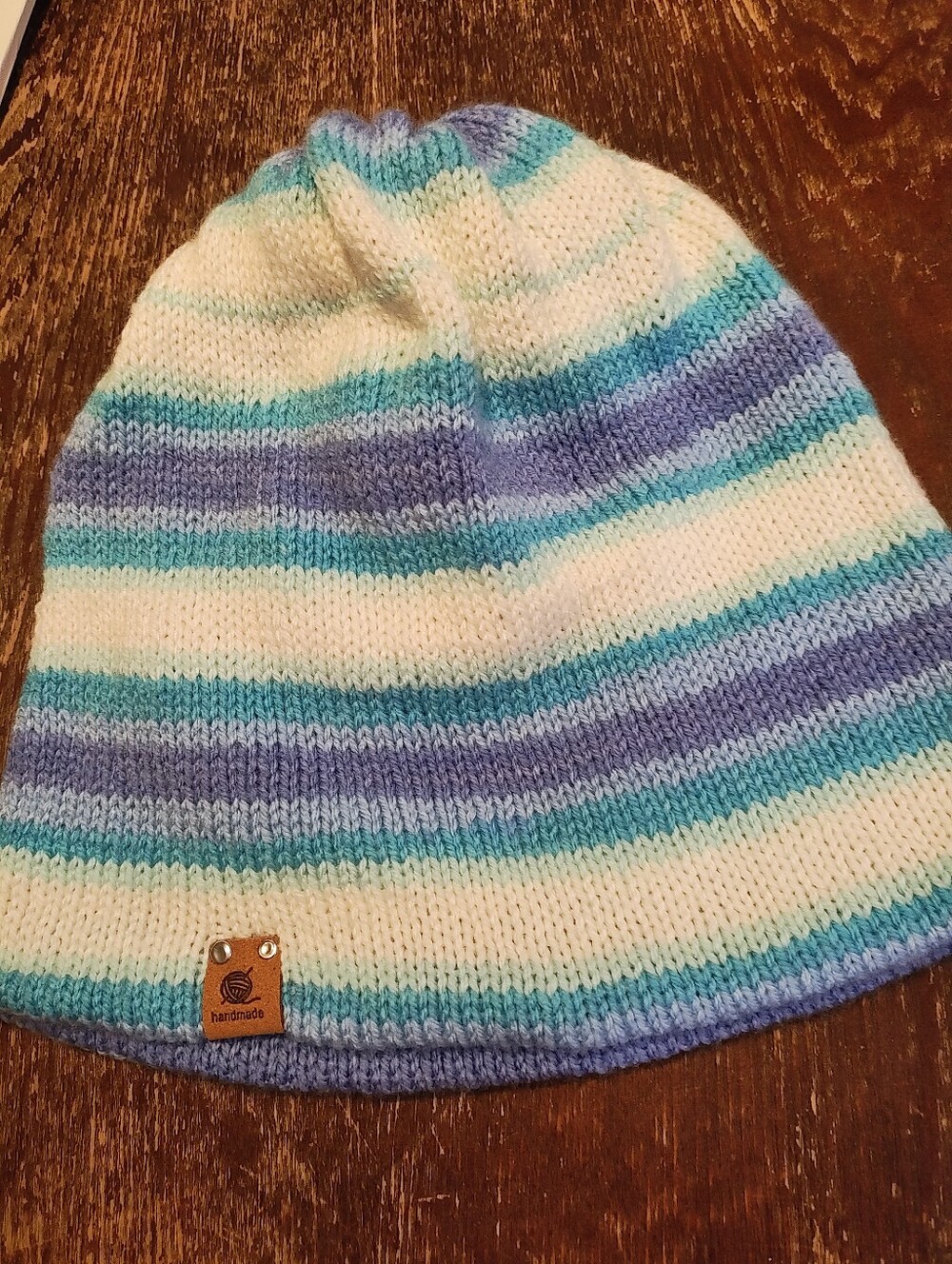 Handmade Musselburgh Hat Knit in White Aqua & Light Blue
